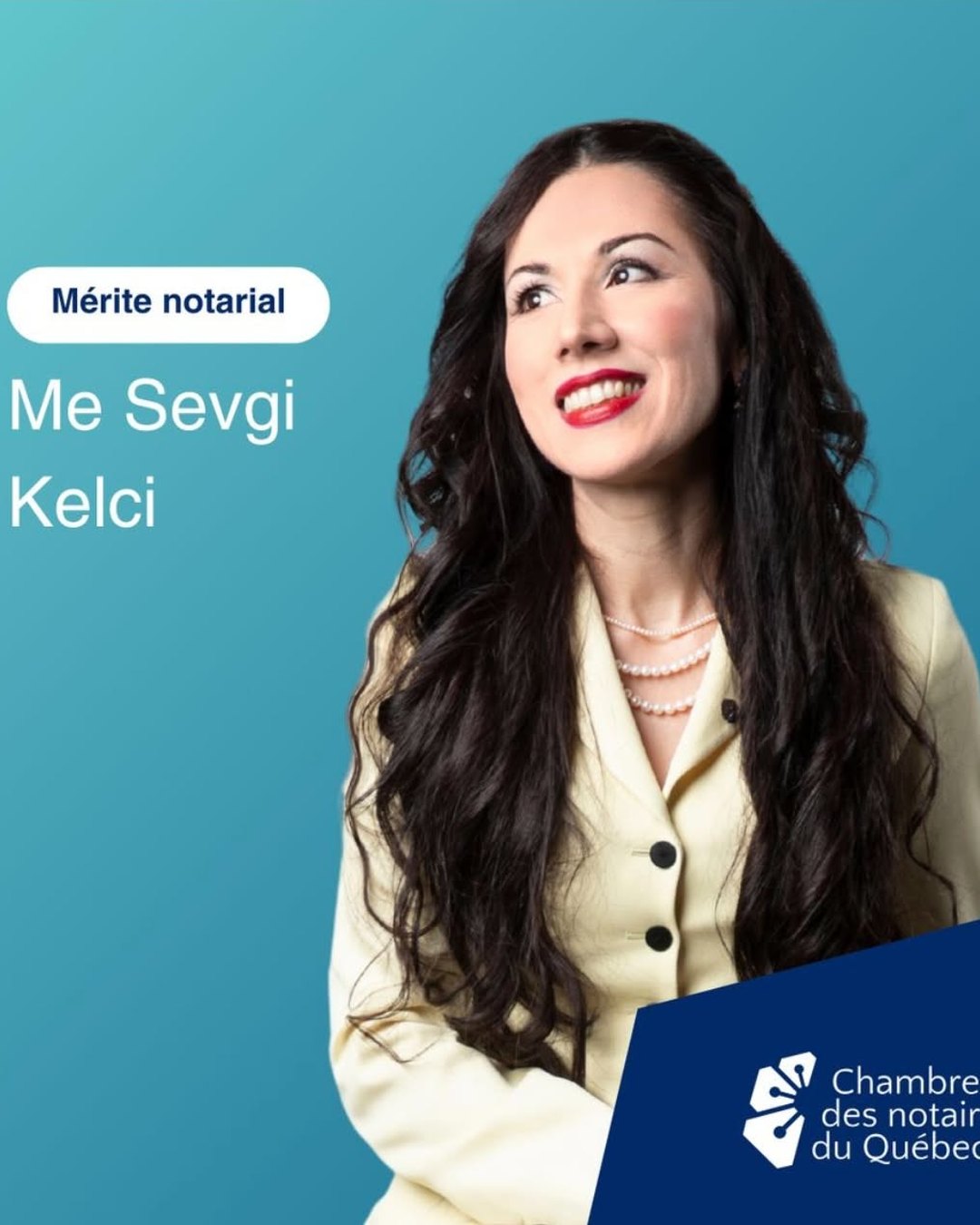 Me Sevgi Kelci sur le visuel du Mérite notarial de la Chambre des notaires du Québec.